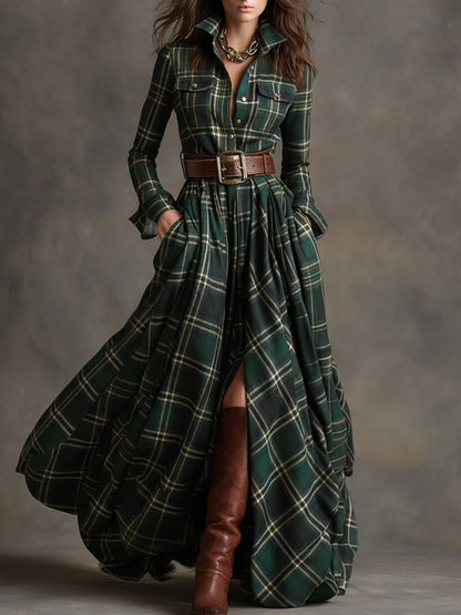 Margaret | Women's Plaid Maxi Shirt Dress with Belt and Pockets