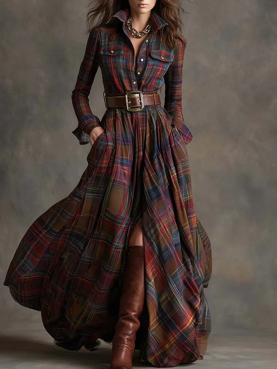 Margaret | Women's Plaid Maxi Shirt Dress with Belt and Pockets