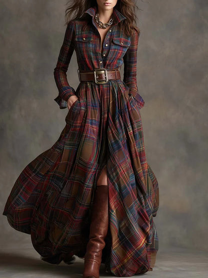 Margaret | Women's Plaid Maxi Shirt Dress with Belt and Pockets