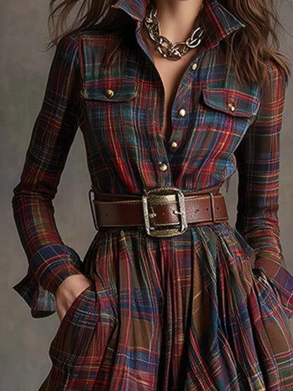 Margaret | Women's Plaid Maxi Shirt Dress with Belt and Pockets