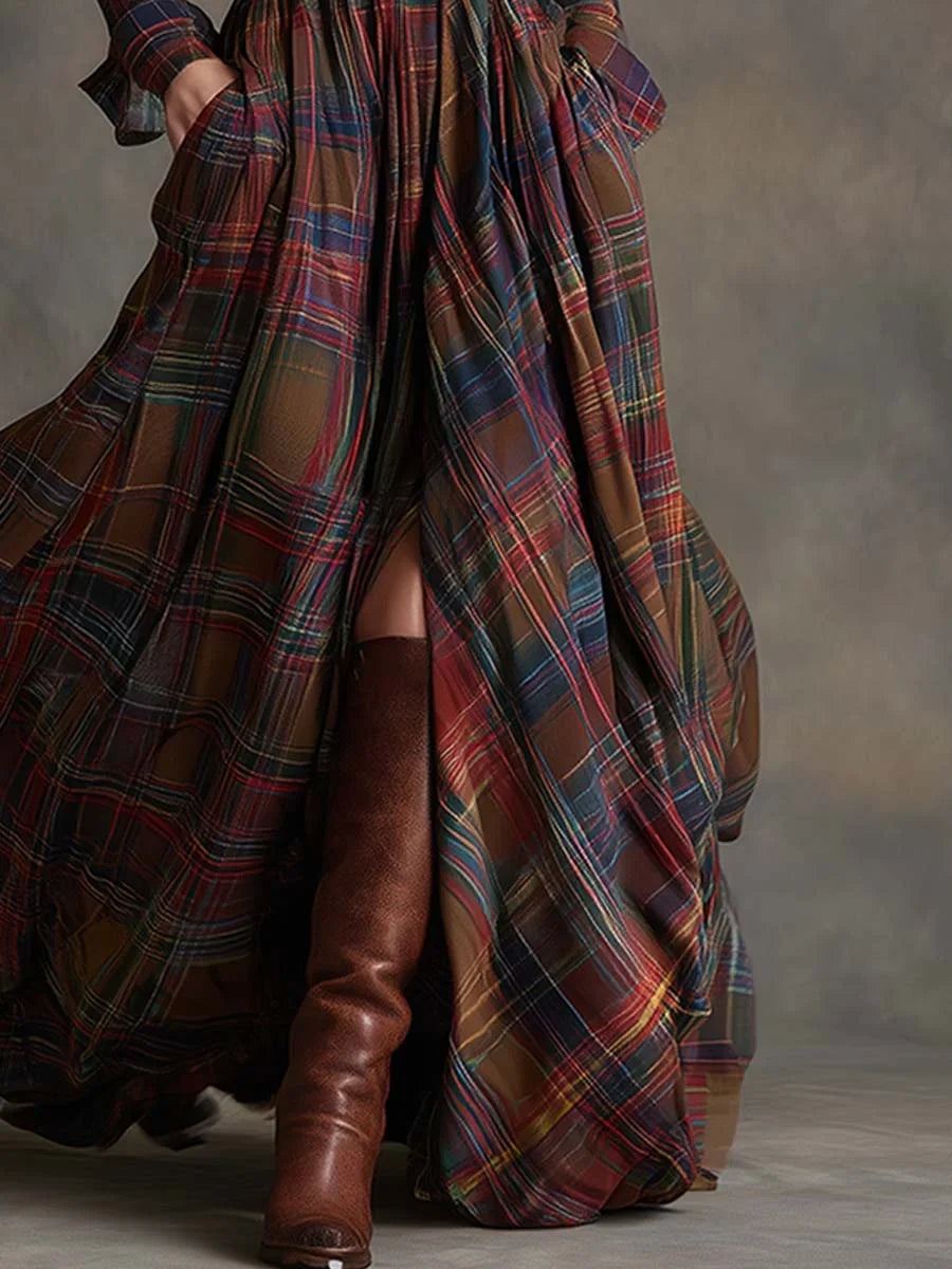 Margaret | Women's Plaid Maxi Shirt Dress with Belt and Pockets