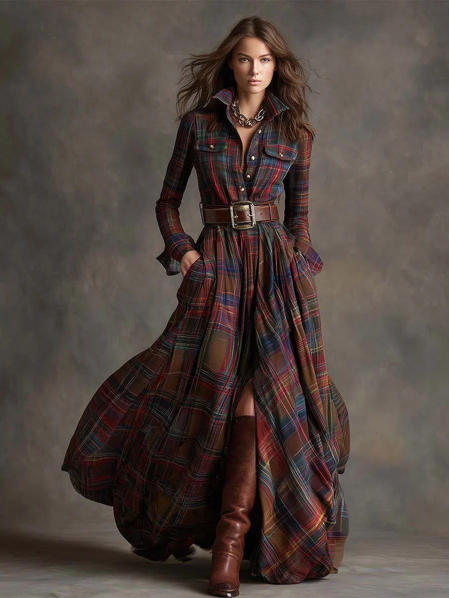 Margaret | Women's Plaid Maxi Shirt Dress with Belt and Pockets