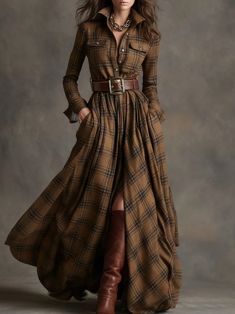 Margaret | Women's Plaid Maxi Shirt Dress with Belt and Pockets
