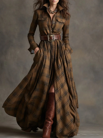 Margaret | Women's Plaid Maxi Shirt Dress with Belt and Pockets