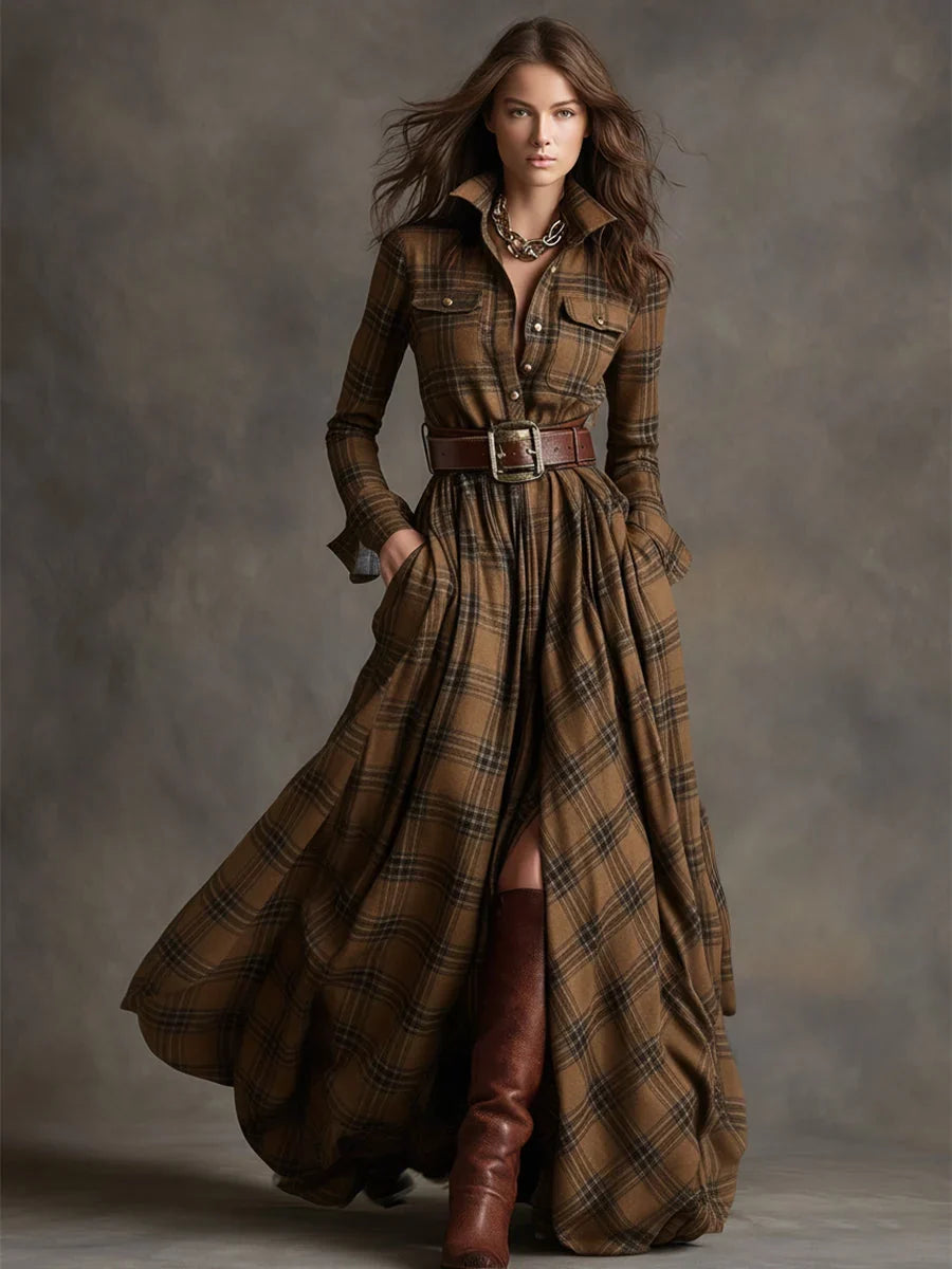 Margaret | Women's Plaid Maxi Shirt Dress with Belt and Pockets