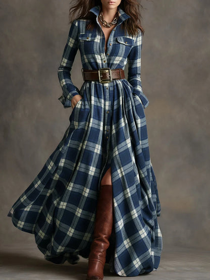Margaret | Women's Plaid Maxi Shirt Dress with Belt and Pockets