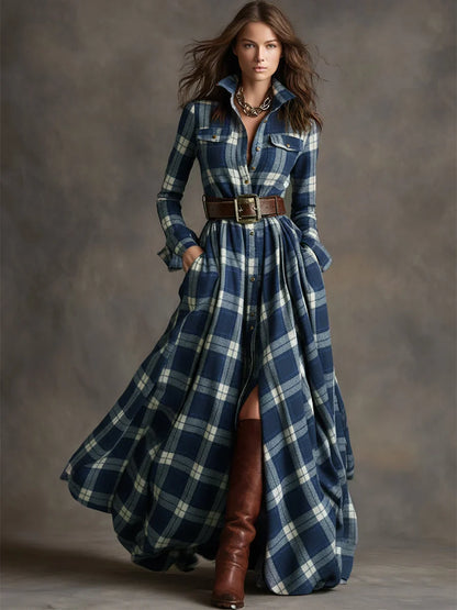 Margaret | Women's Plaid Maxi Shirt Dress with Belt and Pockets
