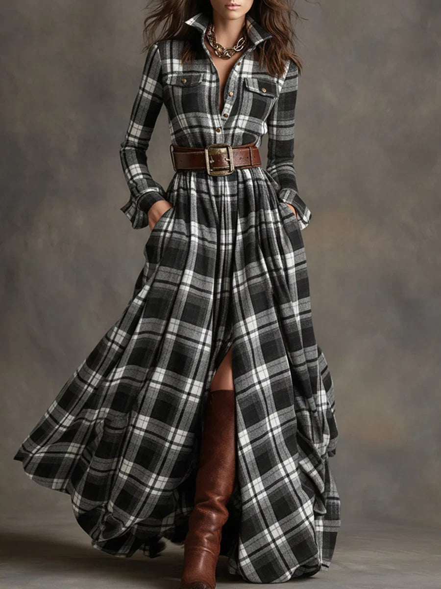 Margaret | Women's Plaid Maxi Shirt Dress with Belt and Pockets