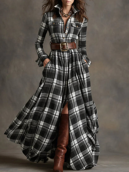 Margaret | Women's Plaid Maxi Shirt Dress with Belt and Pockets