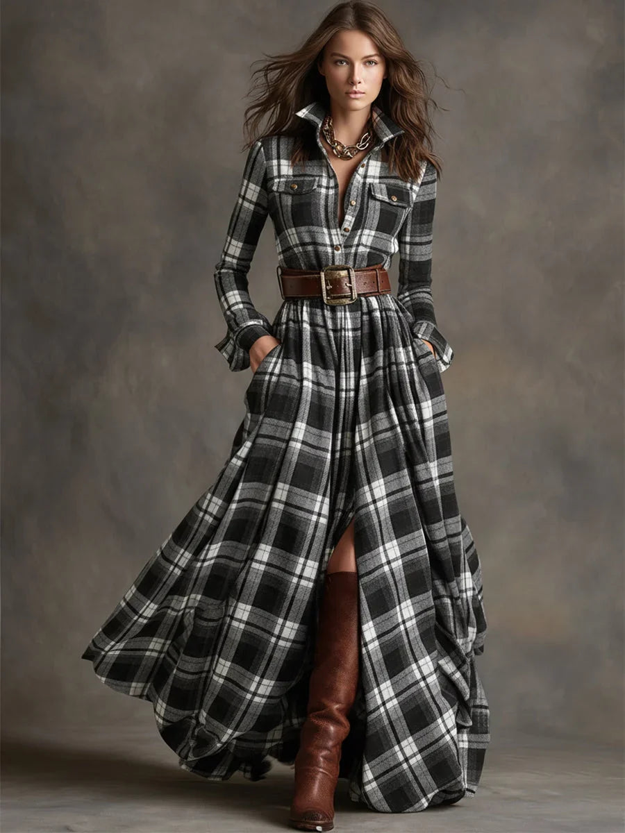 Margaret | Women's Plaid Maxi Shirt Dress with Belt and Pockets
