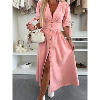 Maelle | Women's Denim V Neck Button Front Midi Dress