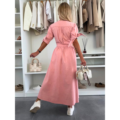Maelle | Women's Denim V Neck Button Front Midi Dress