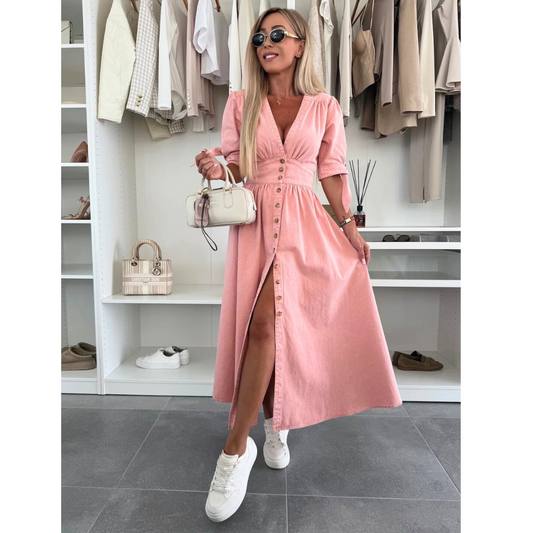 Maelle | Women's Denim V Neck Button Front Midi Dress